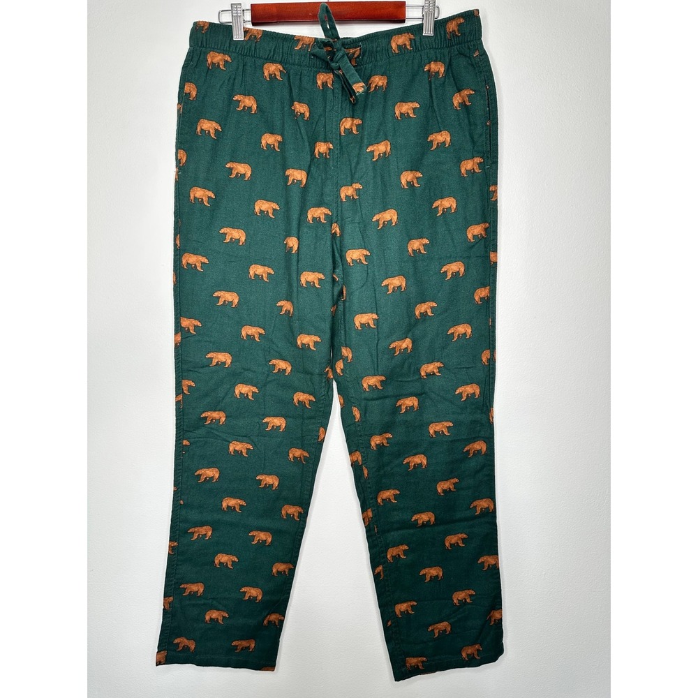 J Crew Pajama Pants Large Green Brown Bear Print Cotton Flannel Loungewear New